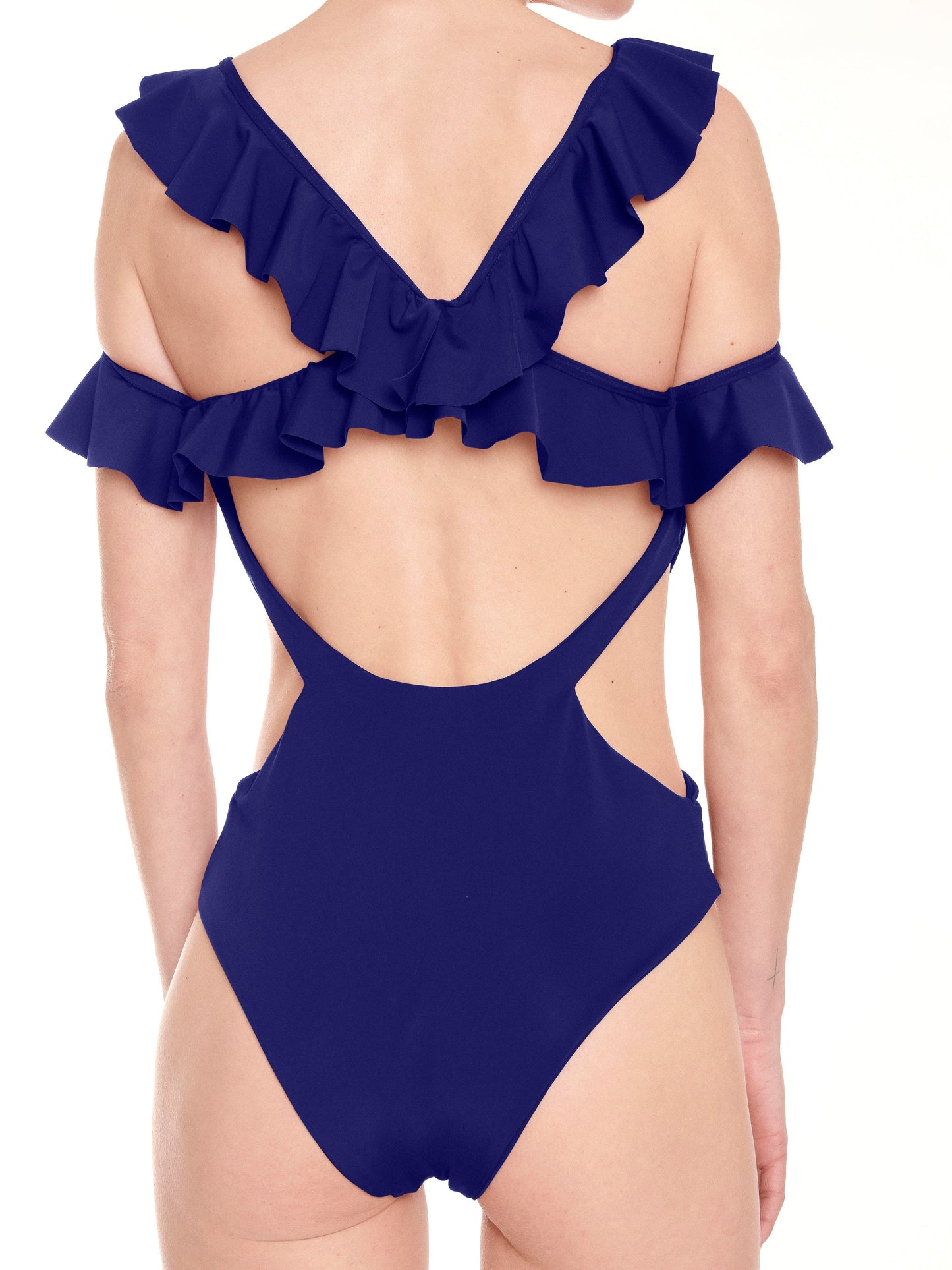 Nude Shoulder - Frill Bardot cross over back sustainable swimsuit Women’s - Rêve de Rive Swimwear