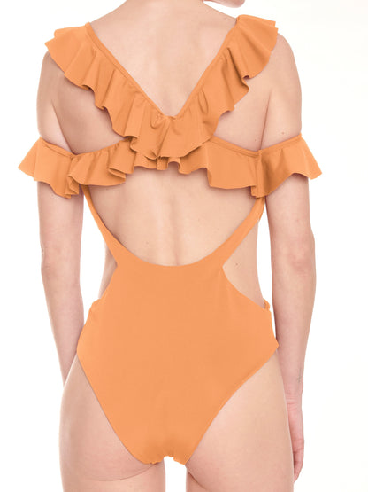 Nude Shoulder - Frill Bardot cross over back sustainable swimsuit Women’s - Rêve de Rive Swimwear